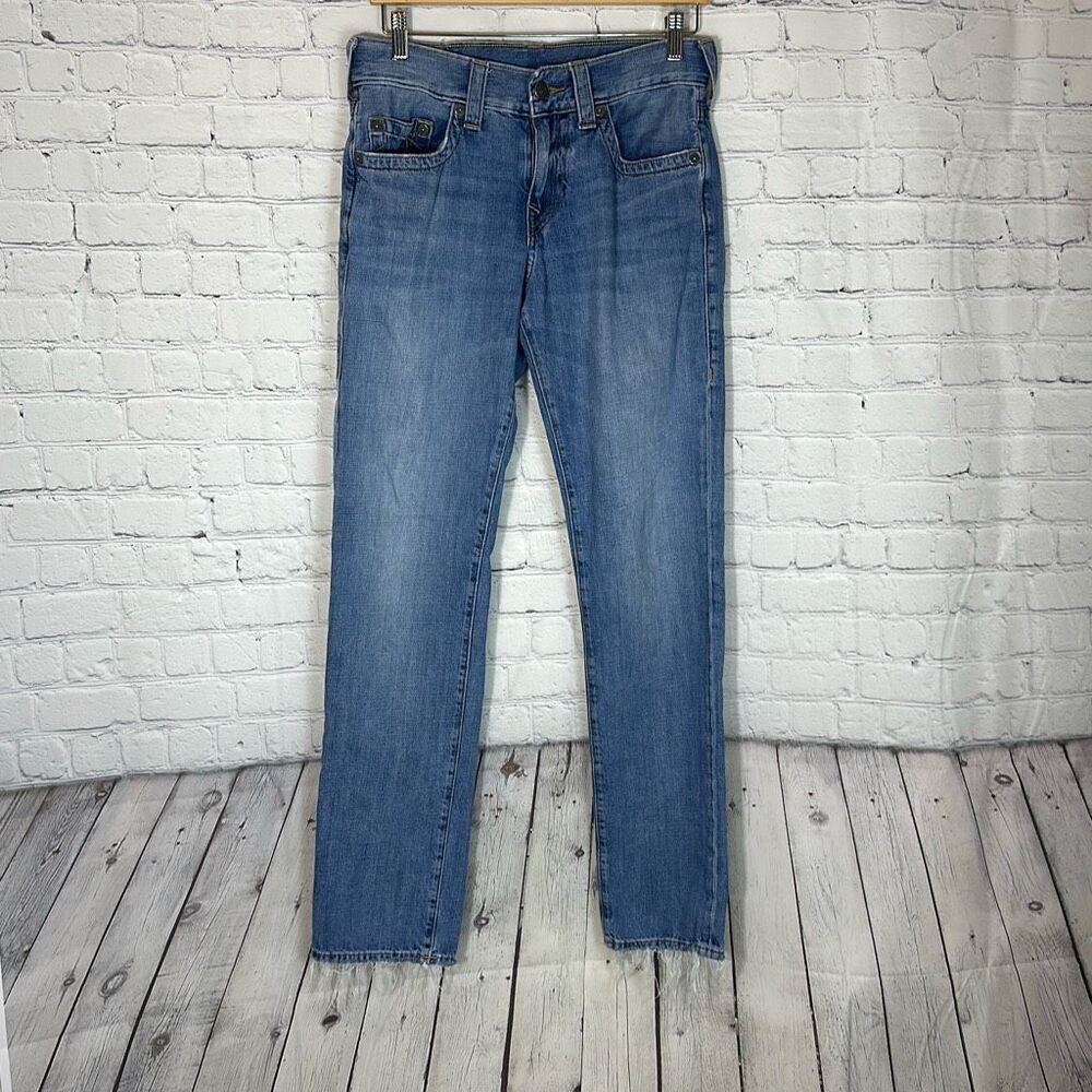 True Religion Mens‎ Geno Relaxed Slim Jeans size 29 Light Wash Distressed Hem
